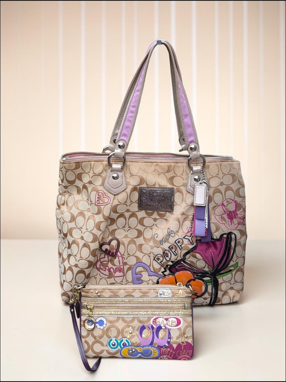 Coach Poppy Petal Applique Glam Tote Wristlet Signature Y2K F16301